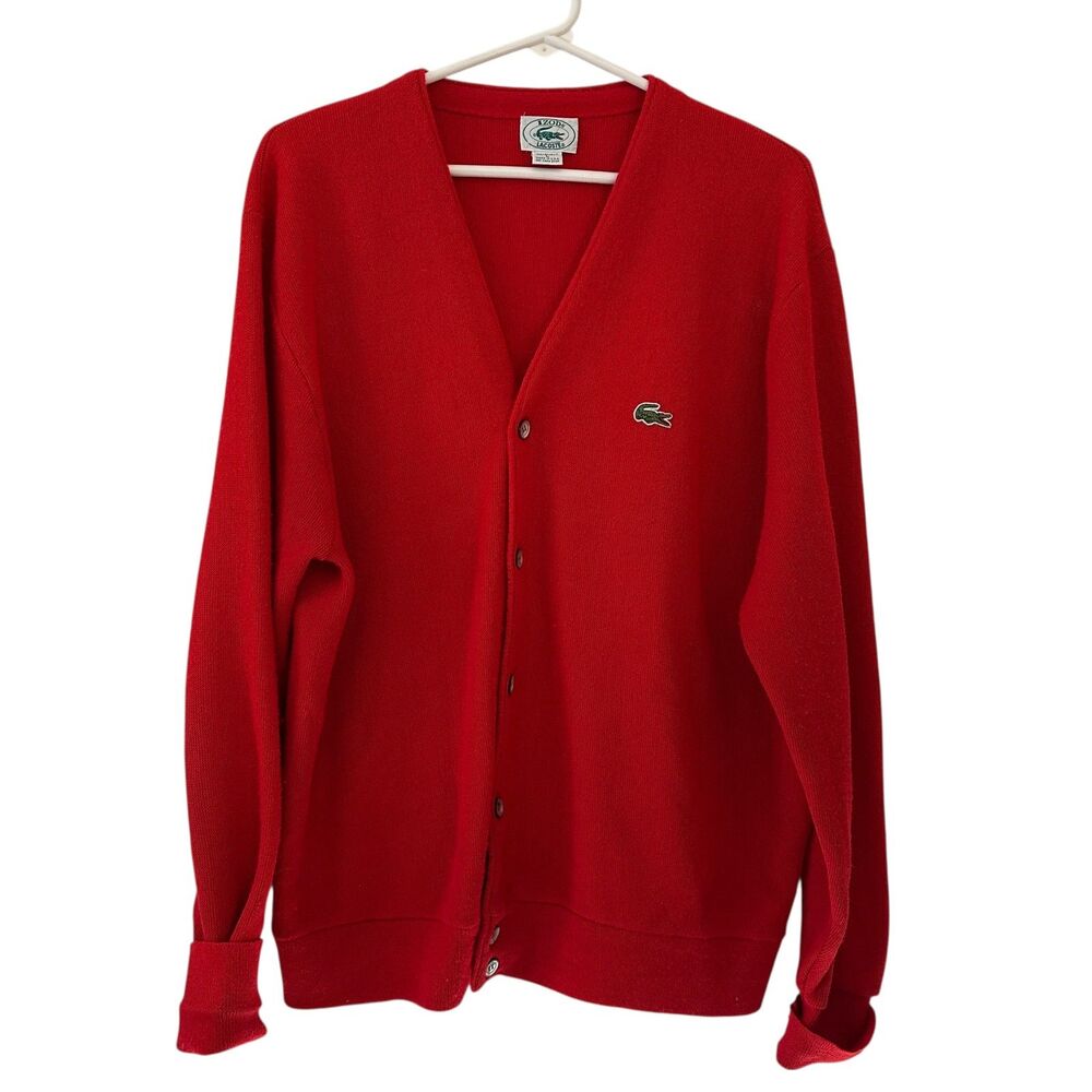 Izod Lacoste Vintage Red Acrylic‎ Grandpa Sweater 80's Size L Made in USA